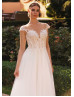 Cap Sleeves Beaded Ivory Lace Tulle Boho Wedding Dress